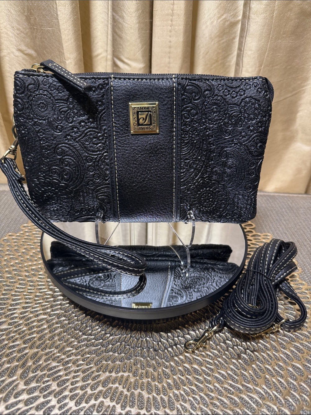 Stone Mountain Black Embossed Leather Wristlet Crossbody Bag